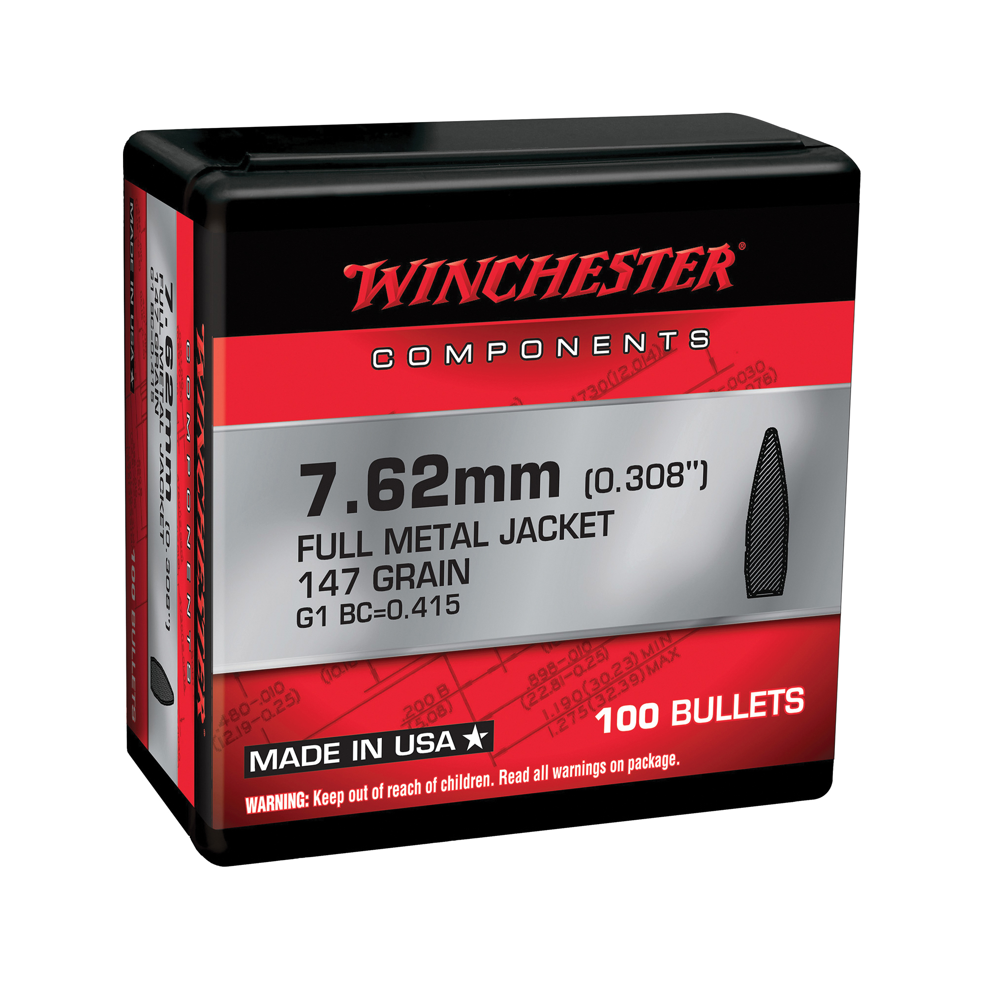 Winchester Ammunition 7.62mm 147 gr Reloading Bullets  FMJBT 100rds - WB762M147X