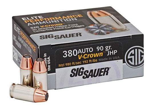 SIG Sauer Elite V-Crown .380 Auto Ammo 90 Grain JHP 20rds - E380A1-365-20
