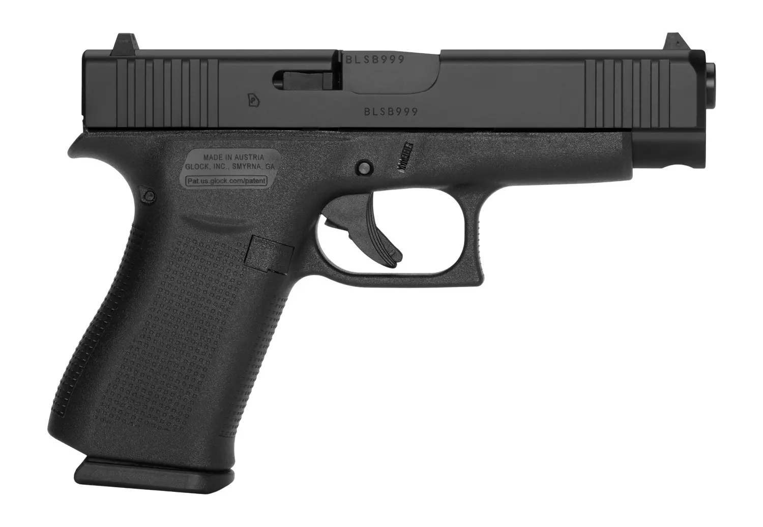Glock PA4850201FR G48 Slim Compact 9mm Luger 10+1 4.17" Black GMB Barrel, Black nDLC Serrated Steel Slide, Black Polymer Frame w/Beavertail Front Rail, Black Textured Polymer Grip, Right Hand