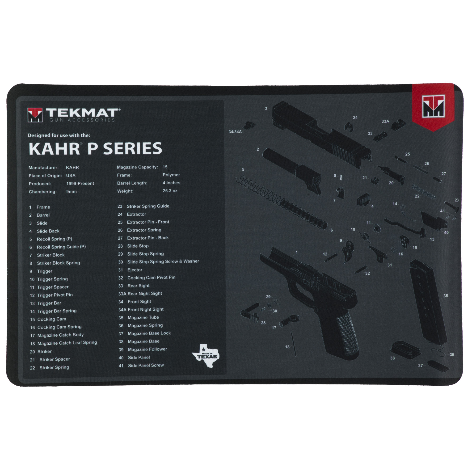 TekMat Cleaning Mat, Pistol Size, 11"x17", For Kahr P Series, Black