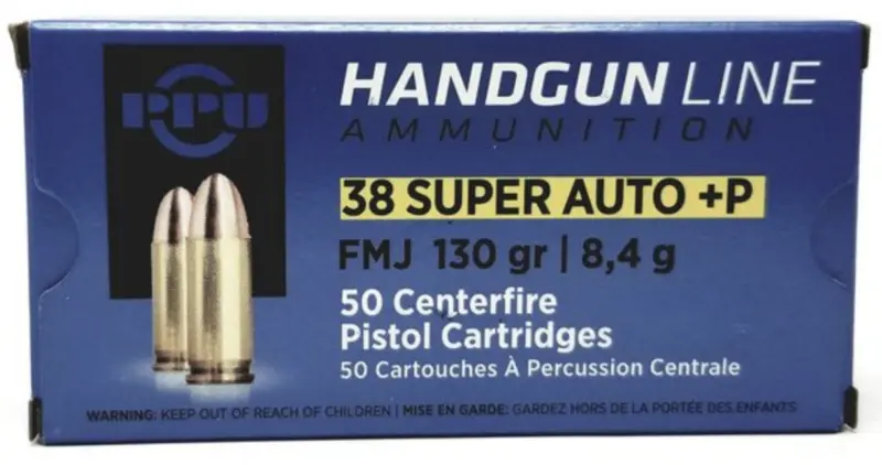 PPU .38 SUPER AUTO FMJ 130GR+P 50RD BOX 10 BOXES PER CASE