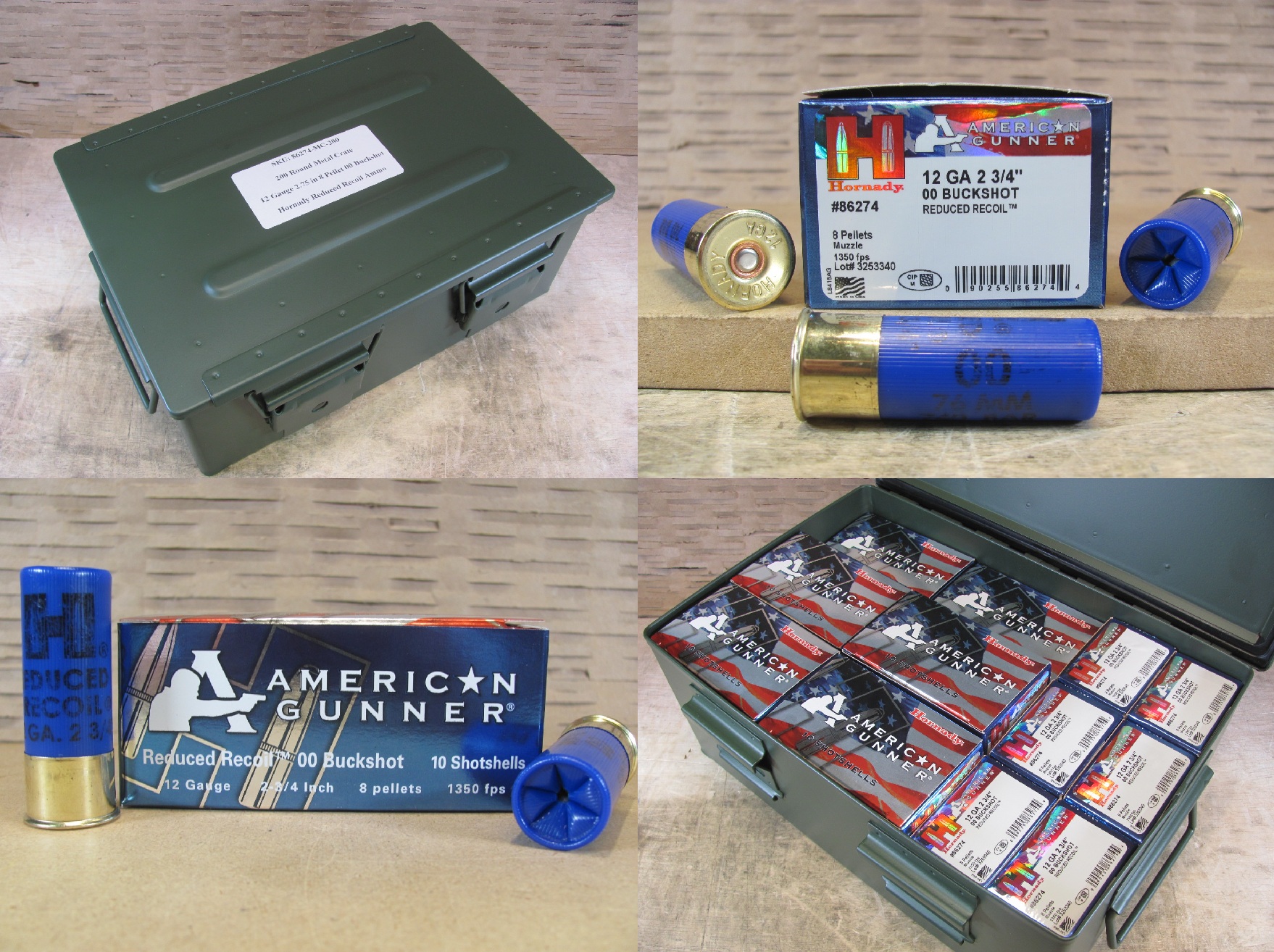 200 Round Metal Crate Canister – 12 Gauge 2.75 00 Buckshot 8 Pellet Reduced Recoil Hornady American Gunner Ammo – 86274