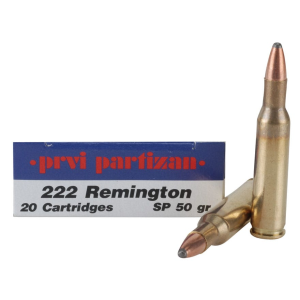 PPU 222 Remington Ammo 50 Grain Jacketed Soft Point Box of 20