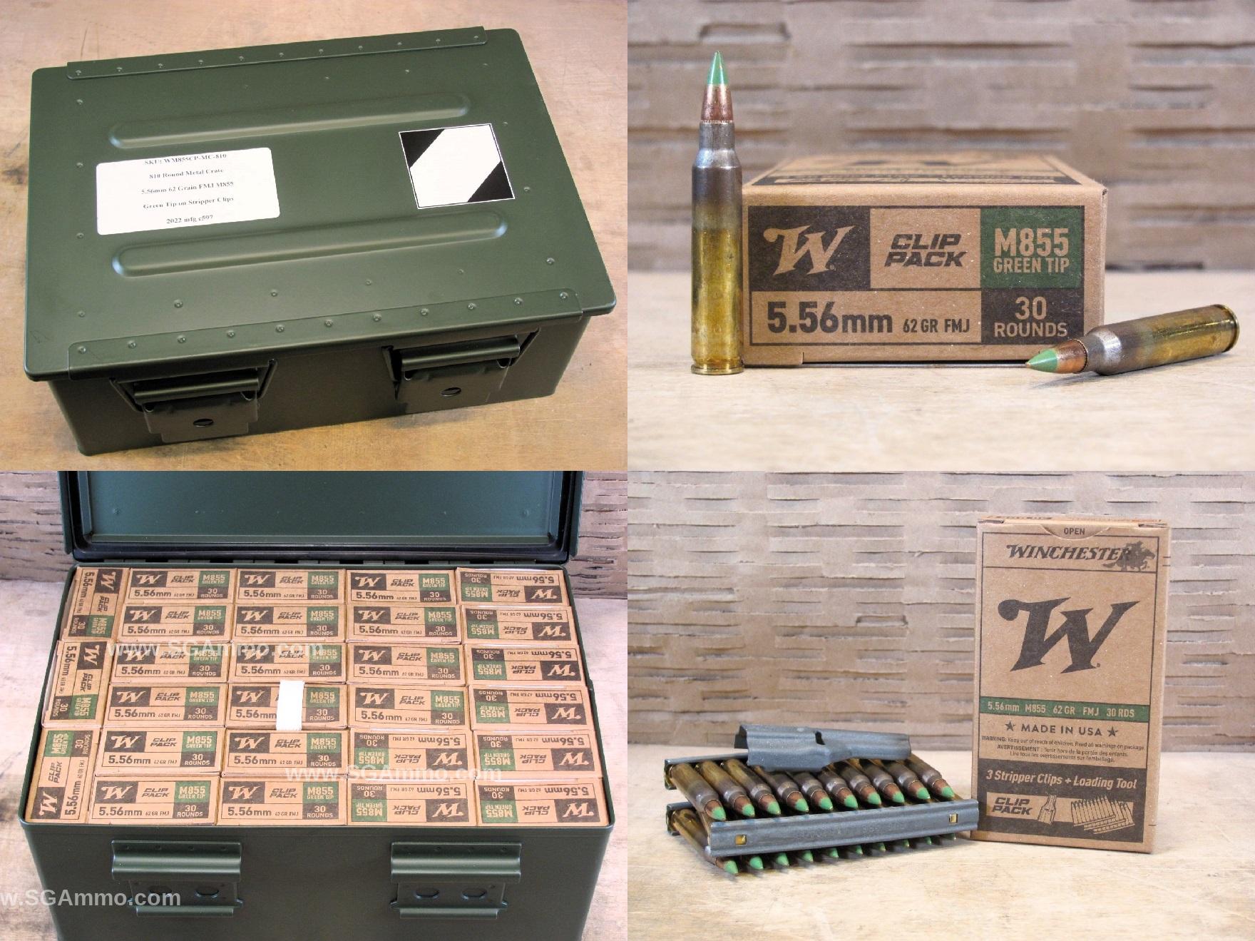 810 Round Crate Canister – 5.56mm 62 Grain FMJ Winchester M855 Green Tip Ammo on Stripper Clips – WM855CP