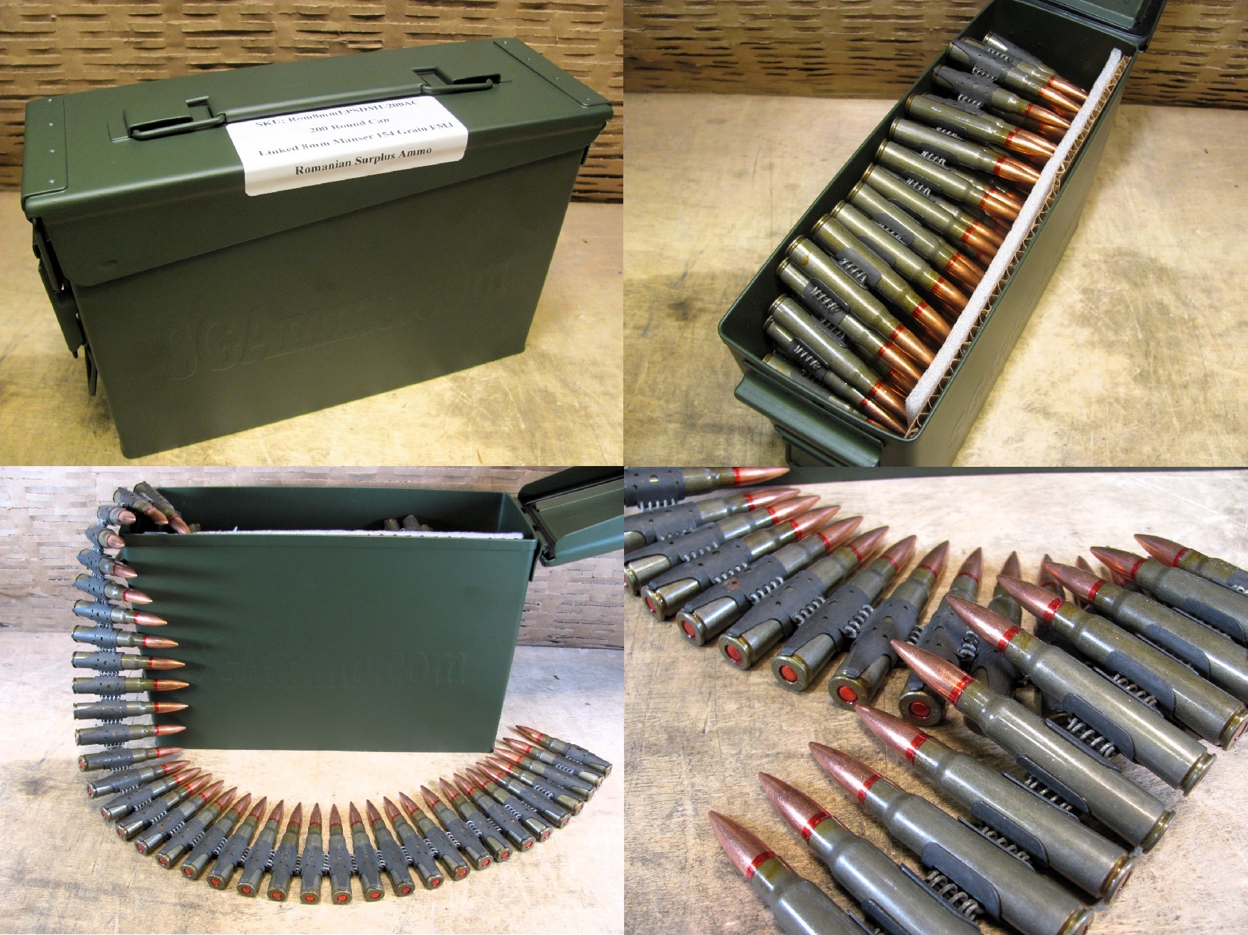 200 Round Can – 8mm Mauser 154 Grain FMJ LPS 1970s Romanian Surplus Ammo – DM-1 Belted For MG34/42 In M19A1 Canister