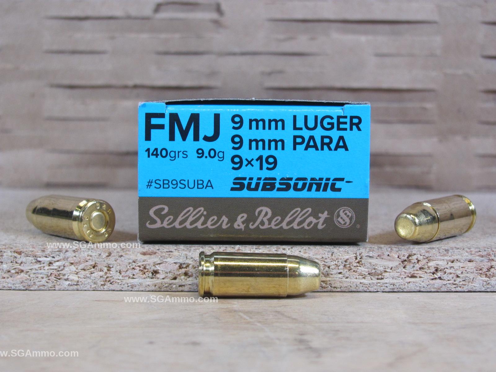 50 Round Box – 9mm Luger Sellier Bellot Subsonic 140 Grain FMJ Ammo – SB9SUBA