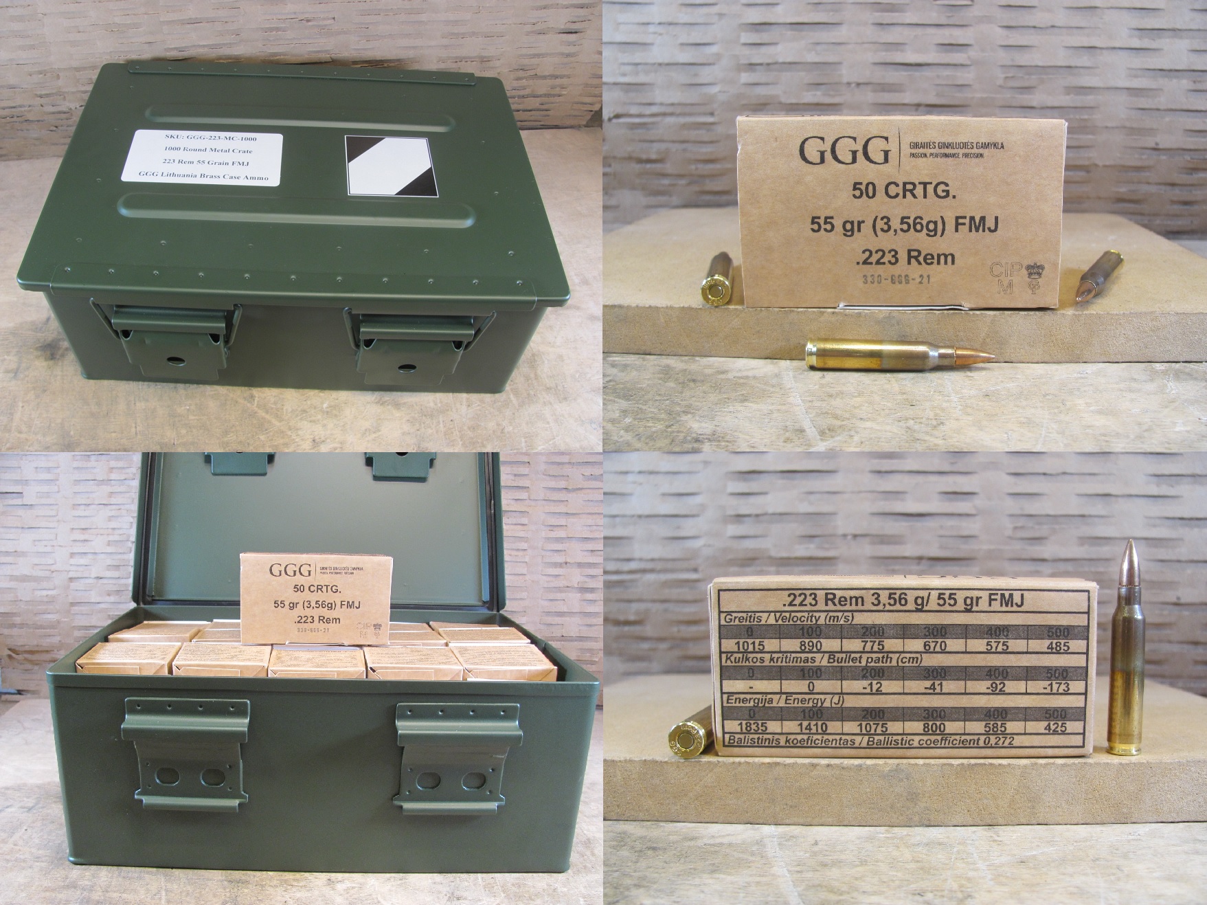 1000 Round Metal Crate Canister – 223 Rem 55 Grain FMJ Ammo Made in Lithuania by GGG – MFG Date 2021