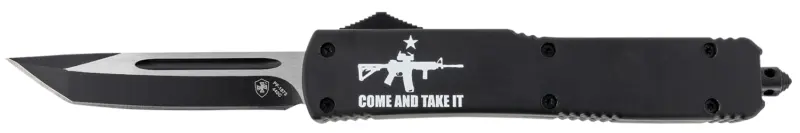 Templar Knife MAR15231 Gen II Come And Take It Slim 3.43" OTF Tanto Plain Black Oxide Stonewashed 440C SS Blade, 5.05" Black w/ "Come And Take It" AR-15 Gun Aluminum Handle, Glass Breaker