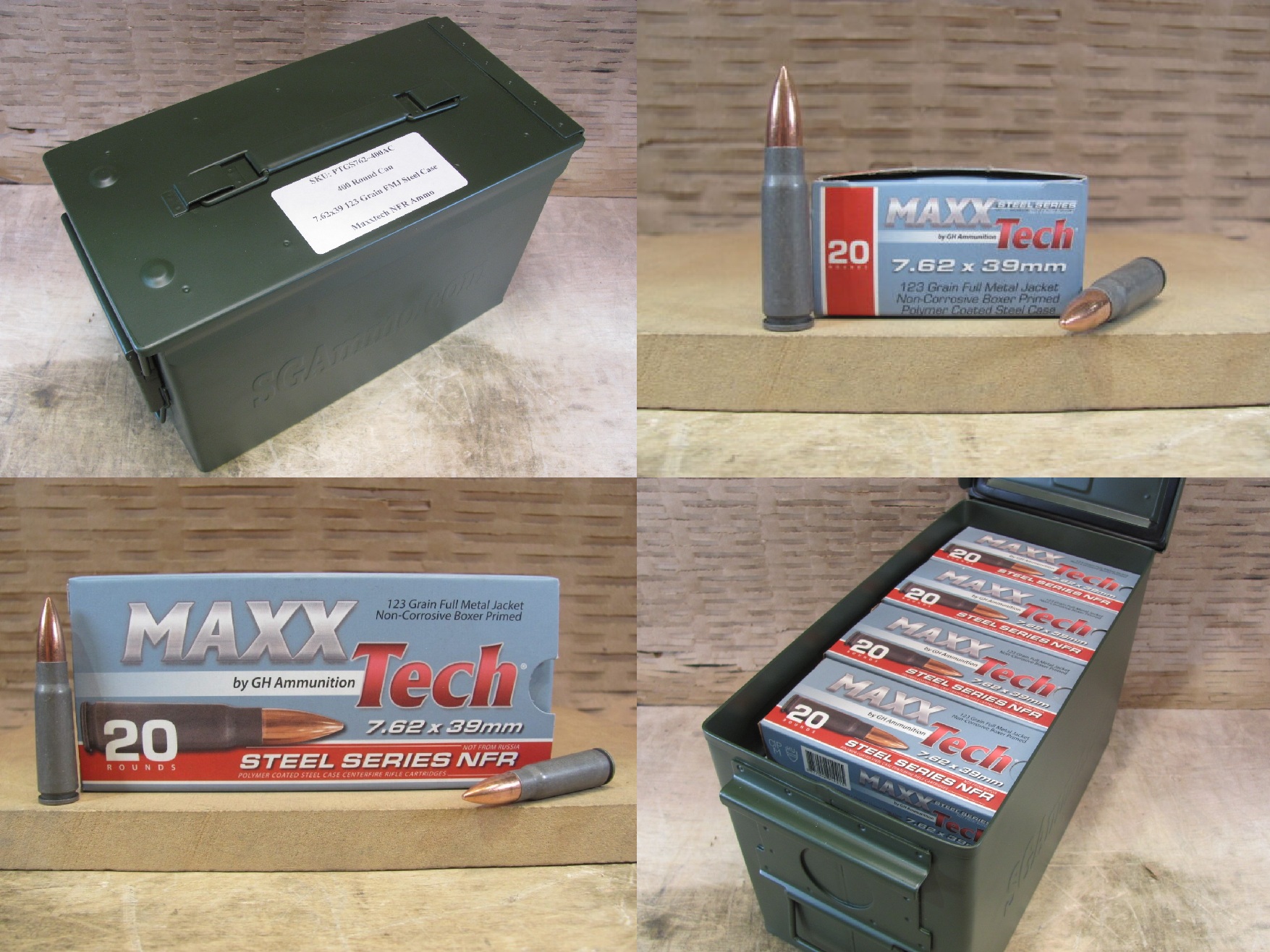 400 Round Can – 7.62x39mm 123 Grain FMJ MaxxTech NFR Steel Case Ammo – PTGS762 – Packed in M2A1 Canister