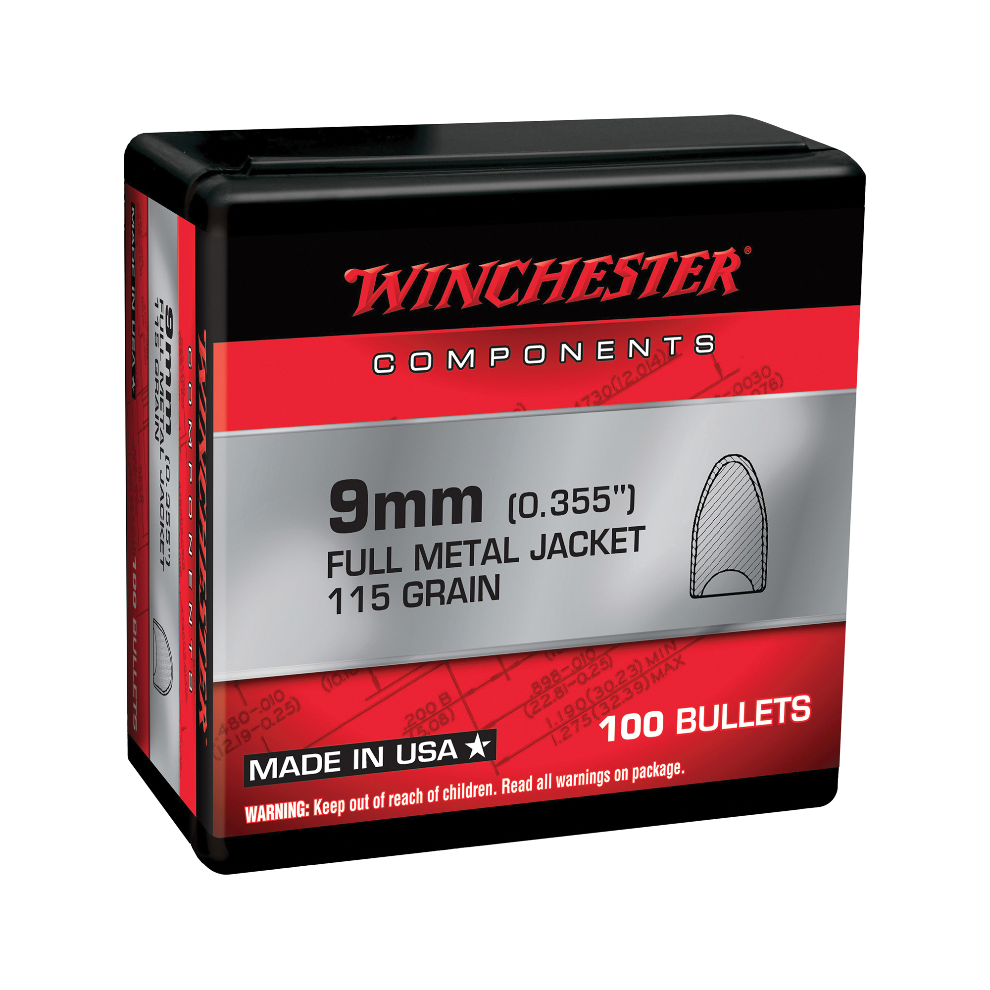 Winchester Ammunition 9mm 115 gr Reloading Bullets  FMJFB 100rds - WB9MC115X