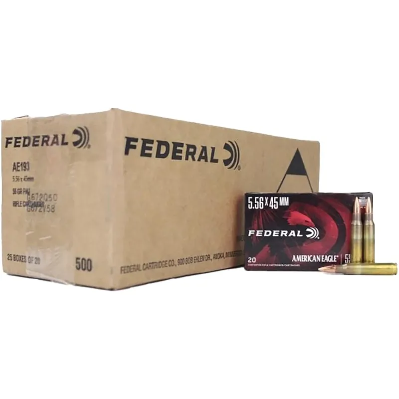 Federal American Eagle Rifle Ammunition 5.56mm 55gr FMJ 3165 fps 500/ct Case (25-20/ct Boxes) - Flat Rate Shipping Under 30lbs!