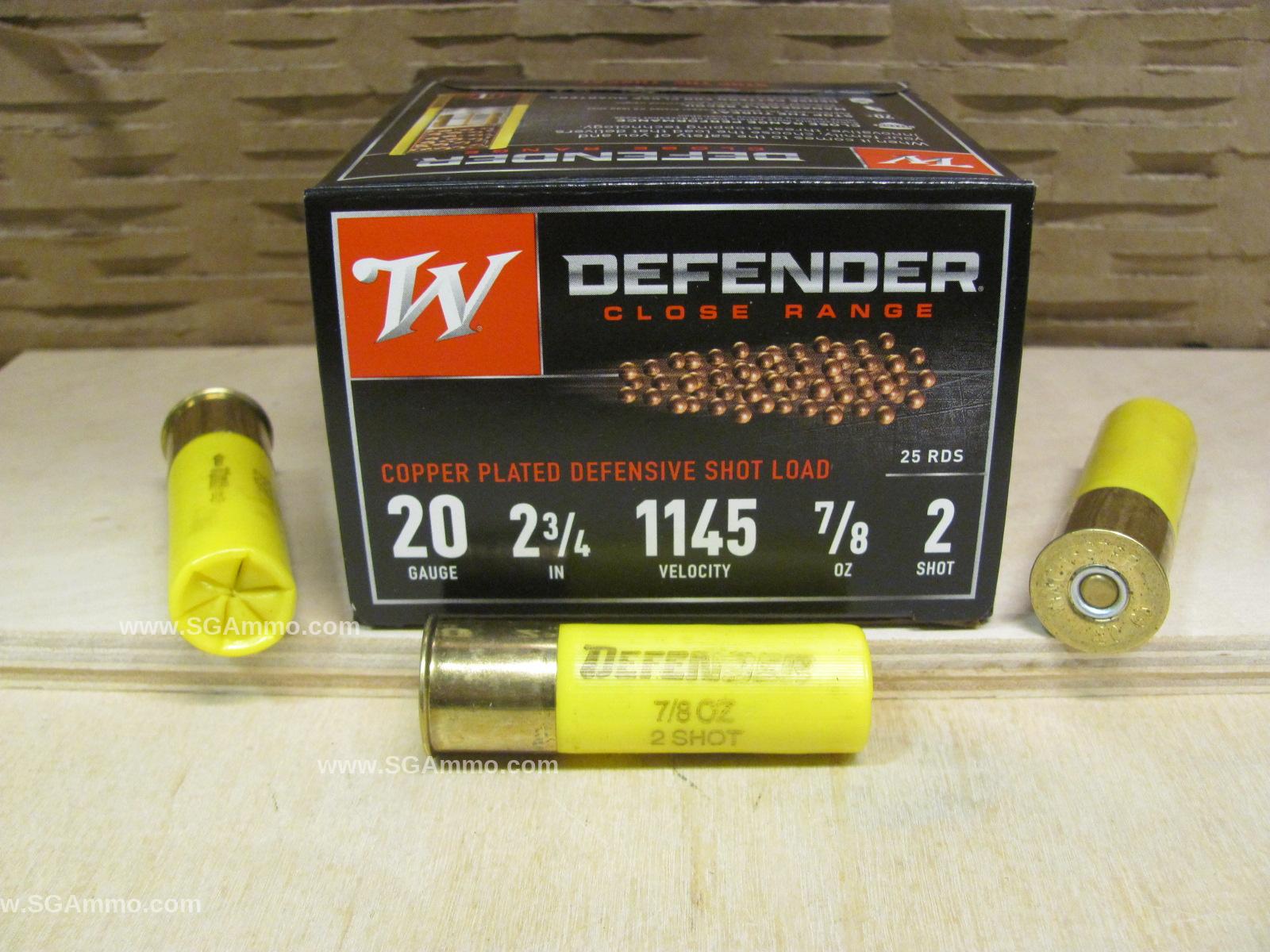 25 Round Box – 20 Gauge 2.75 Inch 7/8 Ounce Number 2 Shot Winchester Defender Close Range Ammo – S202PD25