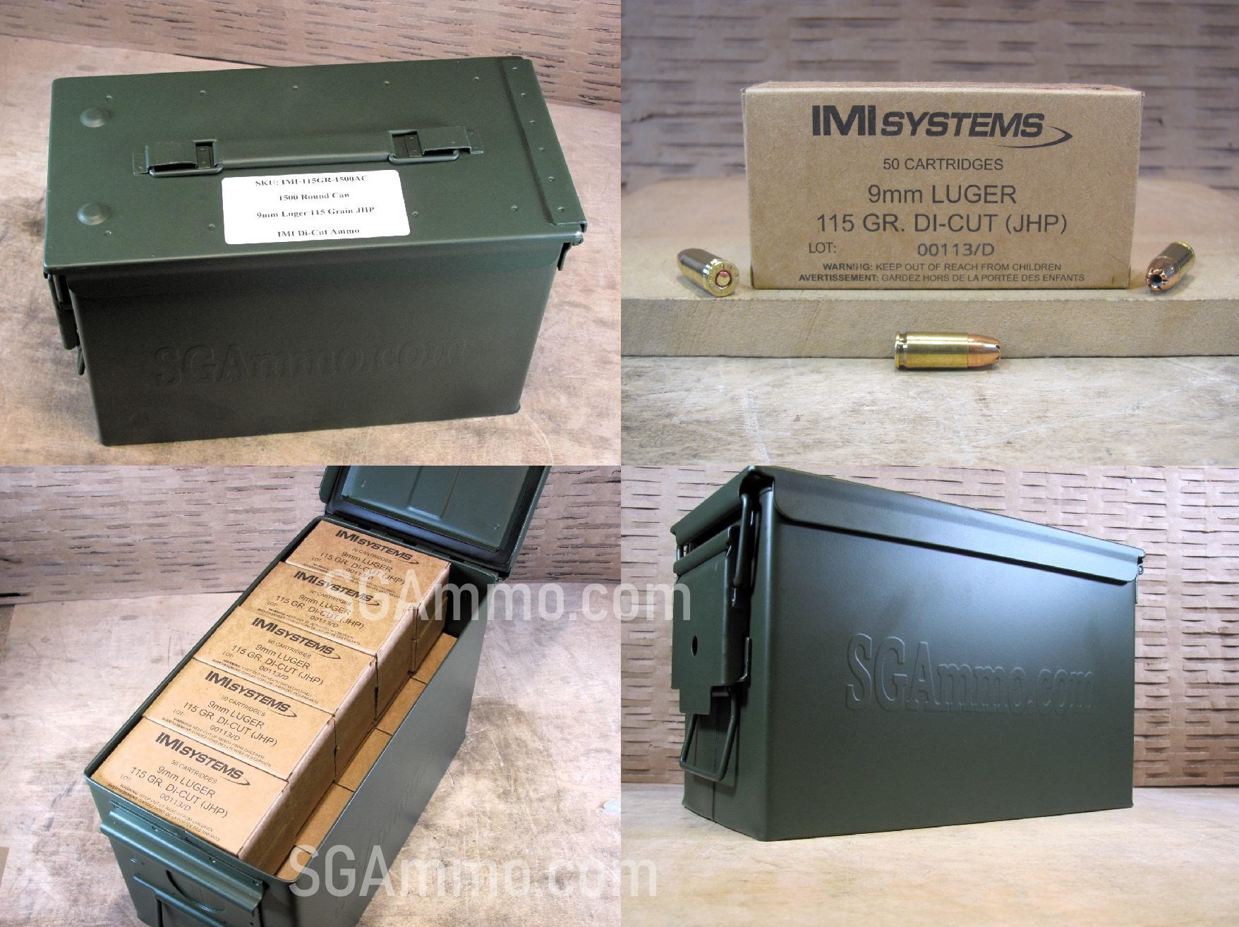 1500 Round Can – 9mm Luger 115 Grain Di-Cut Hollow Point Ammo by IMI of Israel – Packed in M2A1 Canister