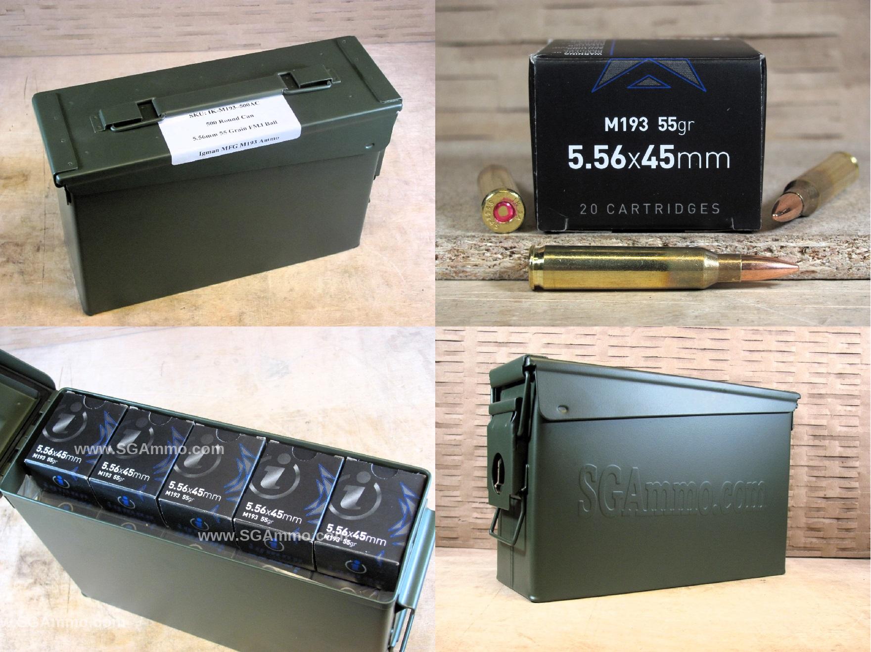 500 Round Can – 5.56mm 55 Grain FMJ M193 Ball Ammo – Igman Mfg – Brass Case – Non-Magnetic – Packed in M19A1 Canister
