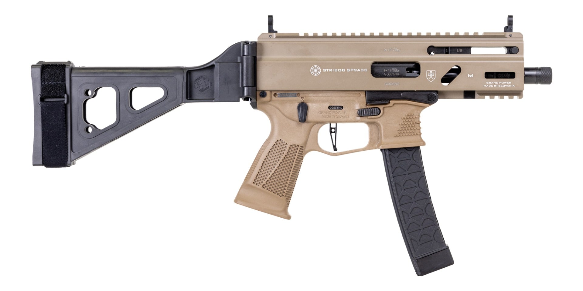 Grand Power Stribog SP9A3S Pistol – FDE | 9mm | 5″ Threaded Barrel | 30rd | Folding SBT Brace - No Credit Card Fees - Low, flat rate shipping