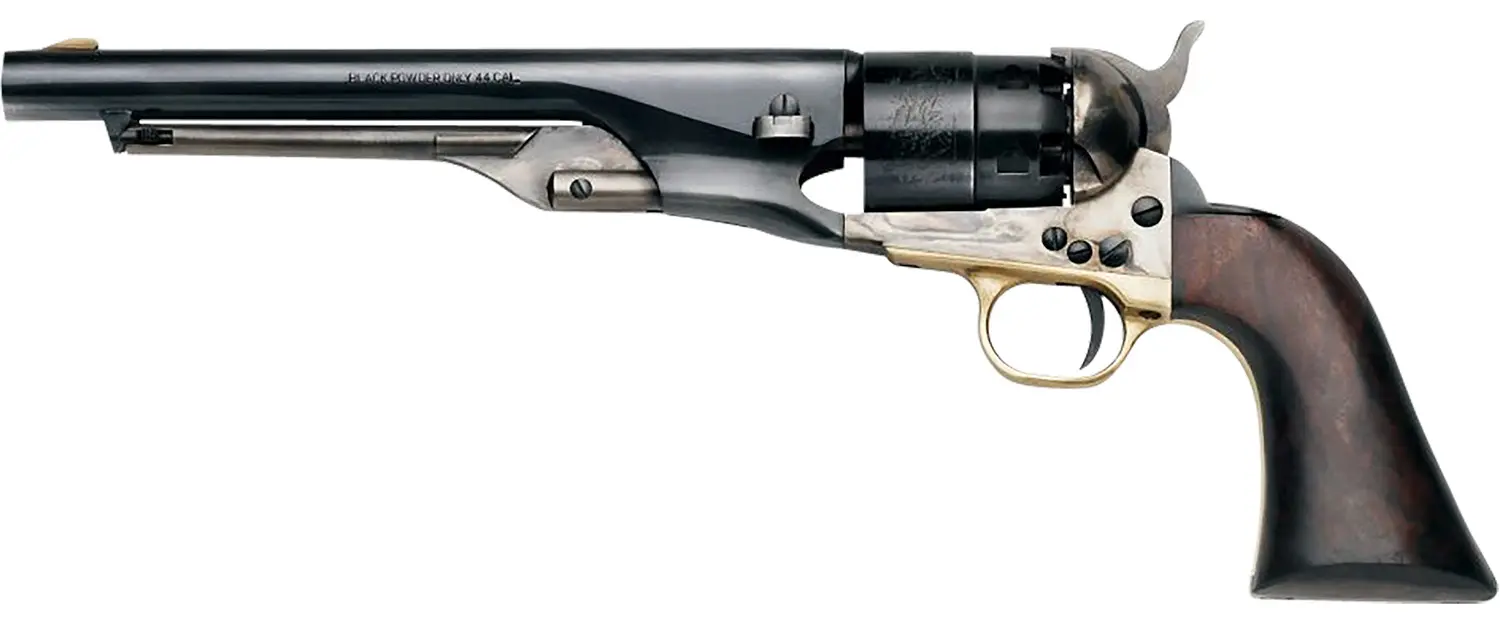 Pietta PF60OWS448 1860 Old West 44 Cal 8" 6rd Blued Engraved Cylinder, Blued Steel Barrel, Wood Grip
