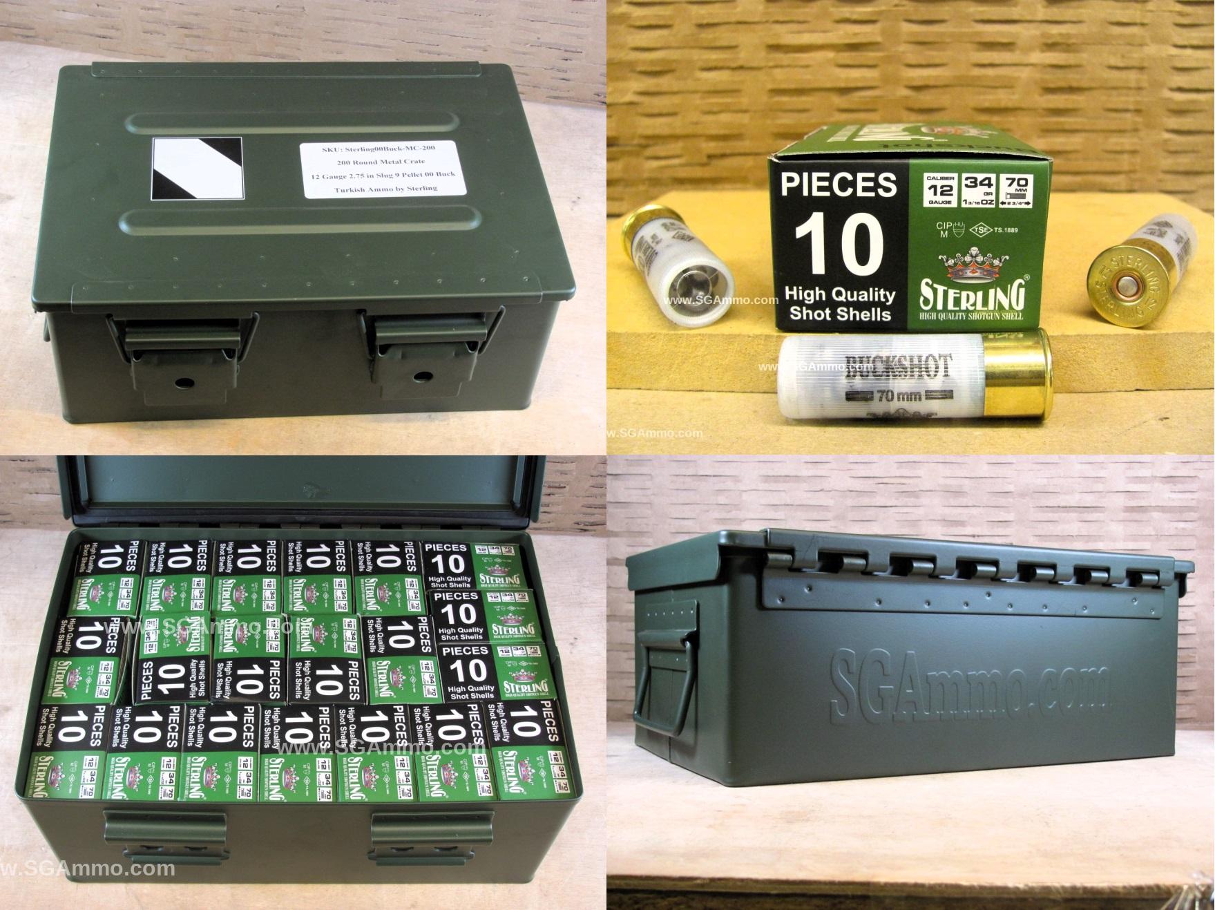 200 Round Metal Crate Canister – 12 Gauge 2-3/4 Inch 9 Pellet 00 Buckshot Turkish Ammo Made by Sterling
