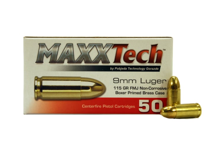 Maxxtech 9mm 115gr FMJ Brass Cased Ammunition 50rds - PTGB9MMB