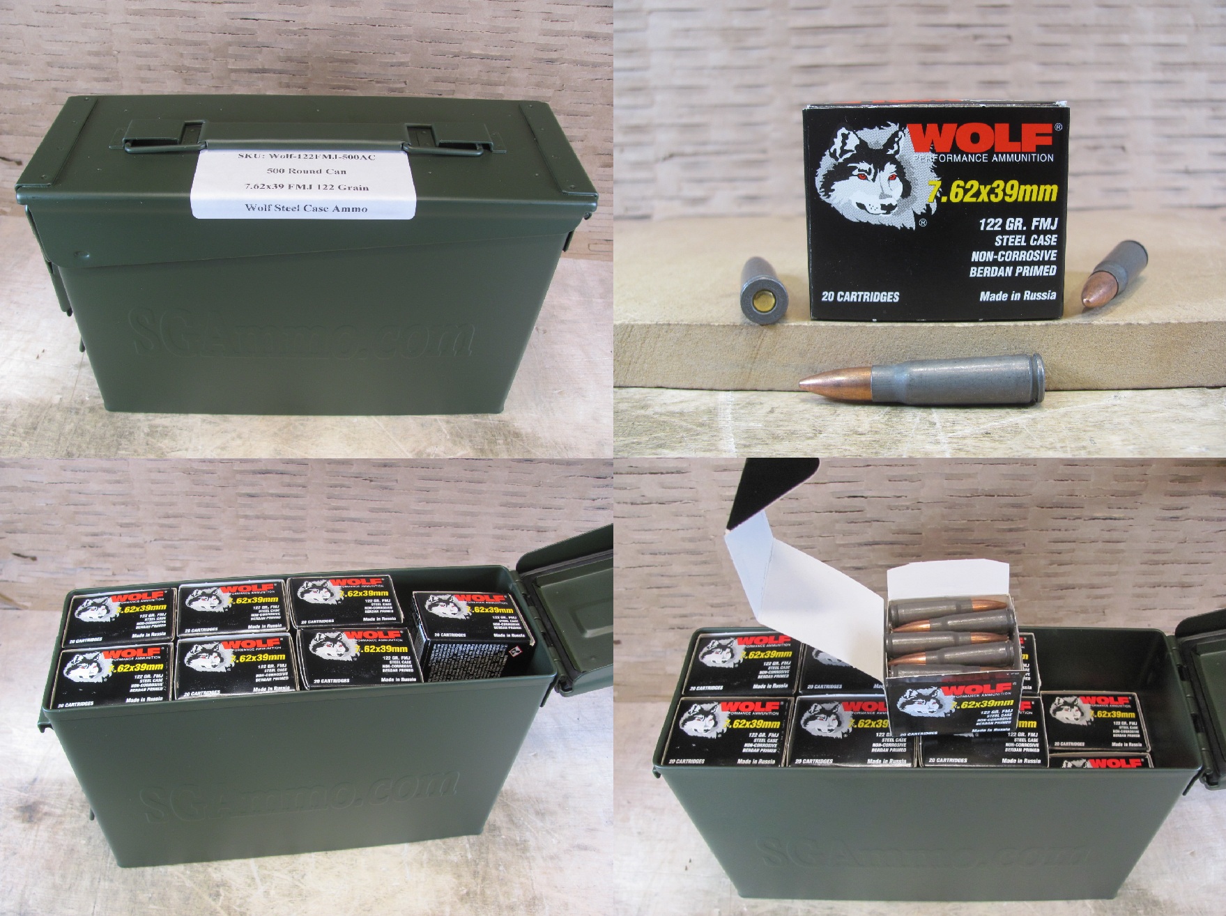 500 Round Can – Wolf 7.62×39 122 Grain FMJ Ammo Made by UCW in Russia – Packed in M19A1 Canister