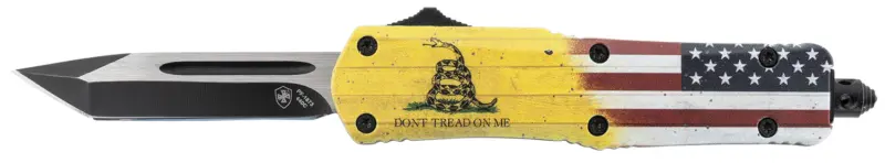 Templar Knife S-DTOM-23-1 Gen II Don't Tread On Me Small 2.69" OTF Plain Black Oxide 440C SS Blade, 4.25" Yellow w/Flag "Don't Tread On Me" Aluminum Handle, Glass Breaker