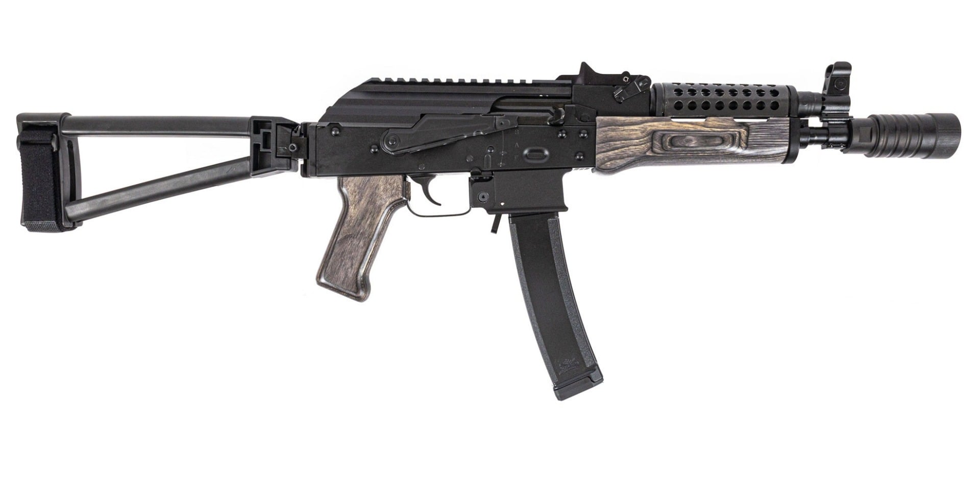 PSA AK-V 9mm Triangle Folding Pistol with Cheese Grater Upper Handguard and Linear Comp Flash Can, "Treebark"