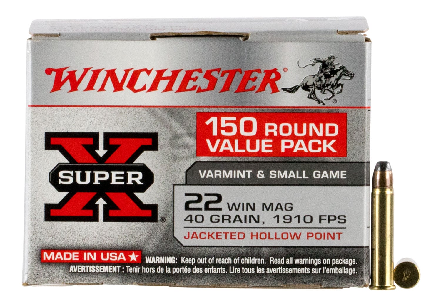 Winchester Ammunition Super-X 40 gr Jacketed Hollow Point .22 WMR Ammo, 150/box - X22MH150