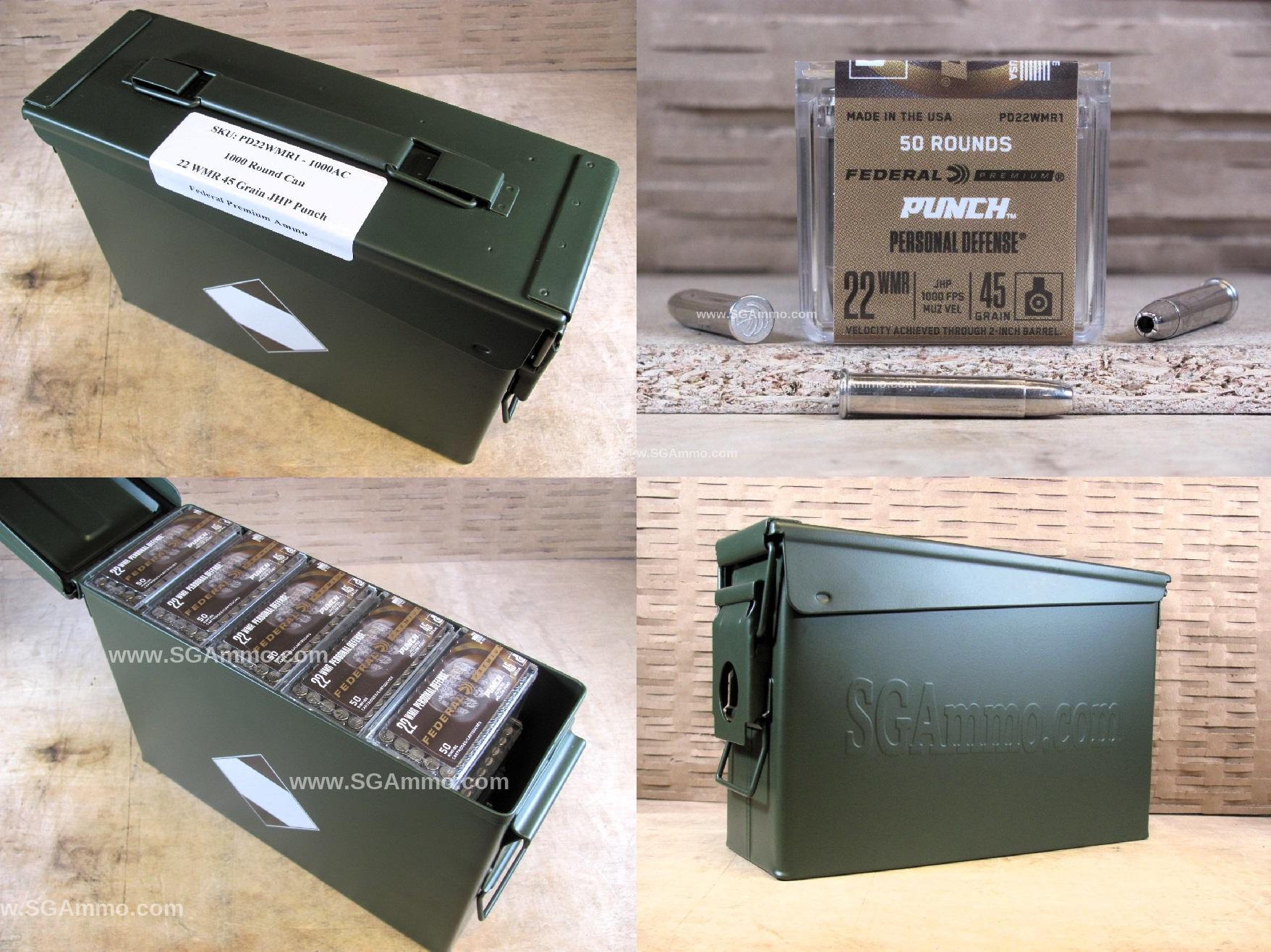1000 Round Can – 22 WMR 45 Grain Punch JHP Personal Defense Federal Premium Ammo – PD22WMR1 – Packed in M19A1 Canister