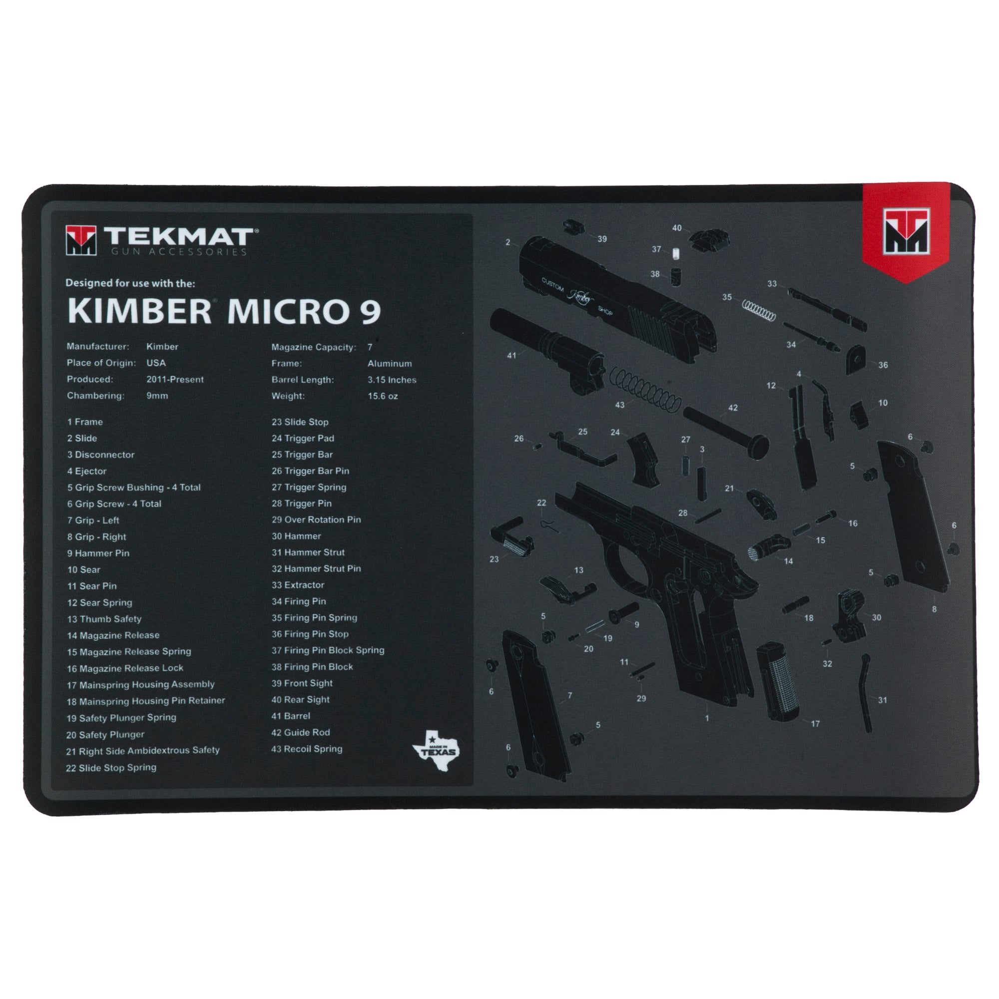 TekMat Cleaning Mat, Pistol Size, 11"x17", For Kimber Micro 9, Black