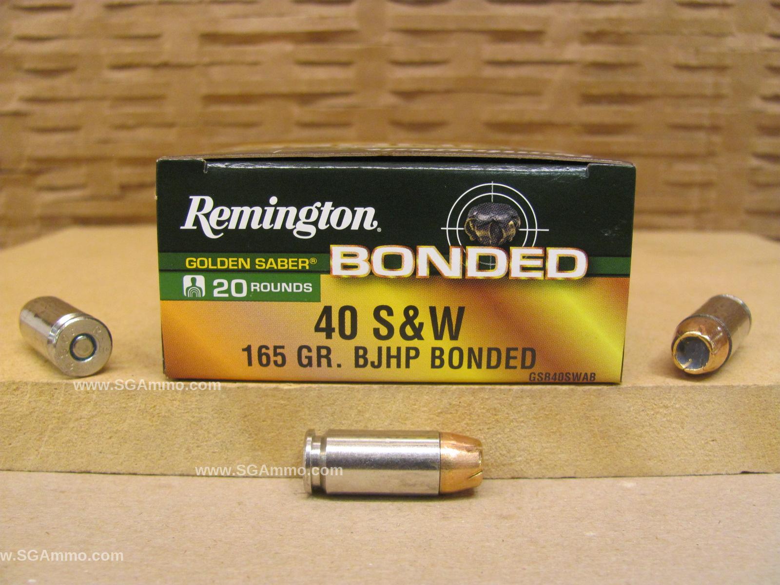 20 Round Box – 40 SW 165 Grain BJHP Bonded Hollow Point Remington Golden Saber Ammo – GSB40SWAB