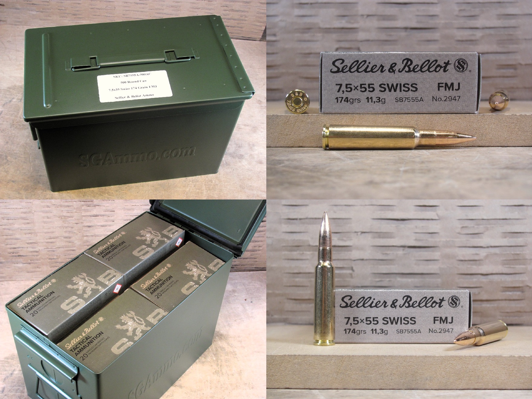 500 Round Can – 7.5×55 Swiss 174 Grain FMJ Sellier Bellot Ammo – SB7555A – Packed in PA108 Canister