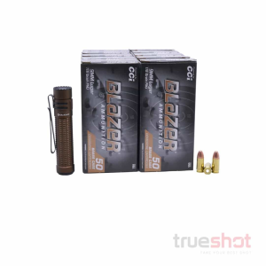 BUNDLE DEAL: Tan Olight Warrior Mini 3 Tactical Flashlight and 500 Rounds of Ammo - CCI 9mm 115 Grain