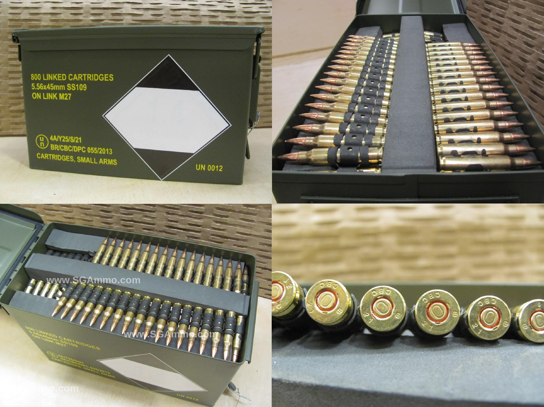 800 Round Canister – Linked 5.56 FMJ 62 Grain SS109 CBC Magtech Ammo on M27 Links
