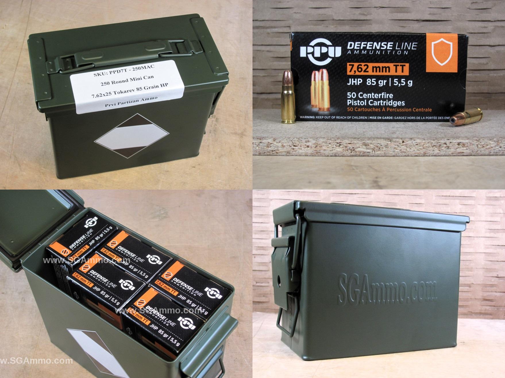 250 Round Can – 7.62×25 Tokarev 85 Grain Hollow Point Prvi Partizan New Non-corrosive Ammo – PPD7T – Packed in Mini Canister