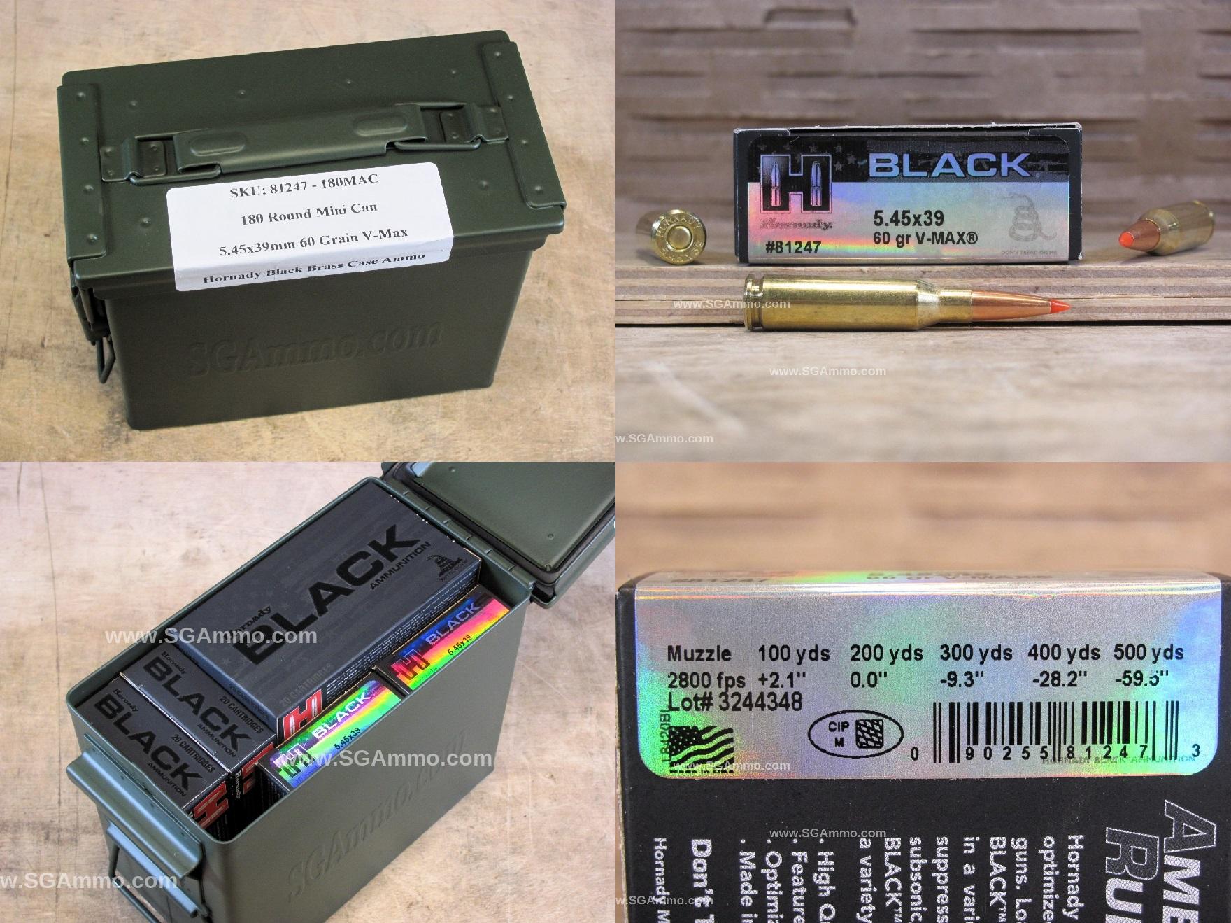 180 Round Can – 5.45x39mm 60 Grain V-Max Hornady Black Brass Cased Ammo – 81247 – Packed in Mini Canister