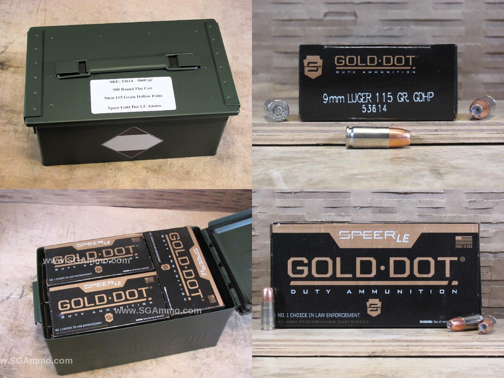 500 Round Flat Can – 9mm Speer Gold Dot 115 Grain Hollow Point LE Ammo – 53614 – Packed in Metal Canister