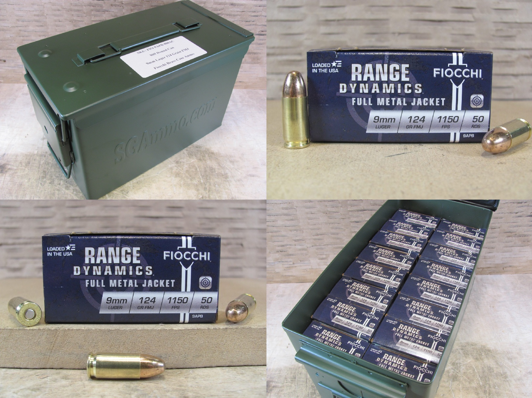800 Round Can – 9mm Luger 124 Grain FMJ Fiocchi Ammunition – 9APB – Packed in M2A1 Canister
