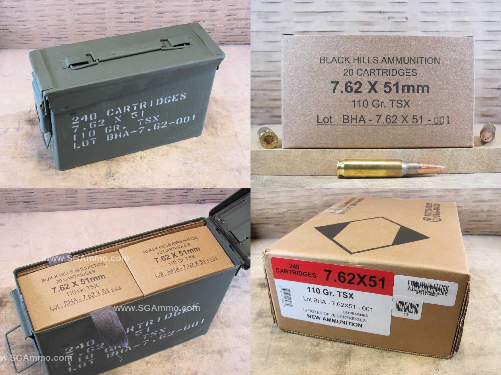 240 Round Case – 7.62x51mm 110 Grain TSX Black Hills Ammunition – Packed in M19A1 Canister
