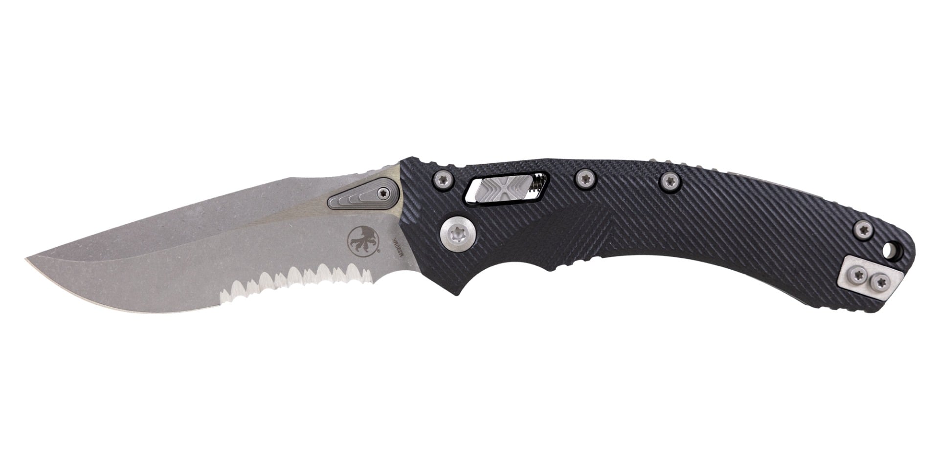 Microtech Amphibian Ram-Lok Apocalyptic Folding Clip Point Knife Serrated, Black - 137RL-11APFLGTBK