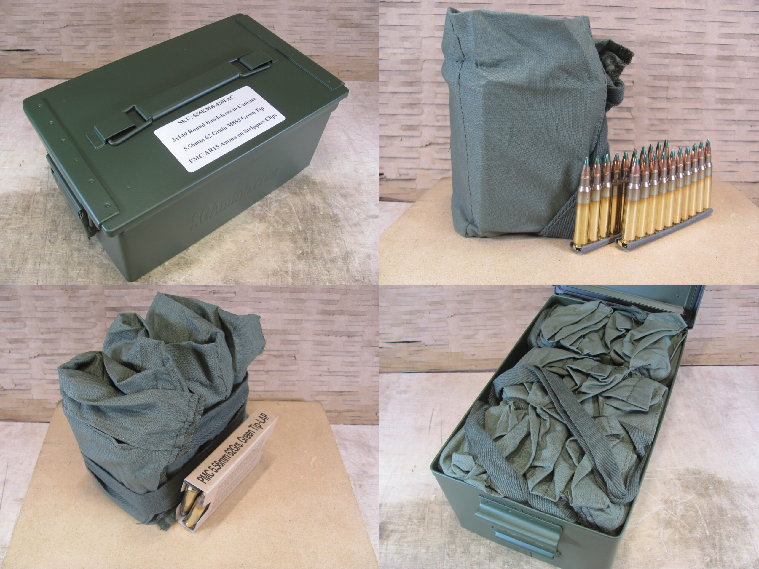420 Round Flat Can – 5.56mm 62 Grain Green Tip M855 Ammo by PMC on AR15 Stripper Clips and Bandoleers – 556KMB – Packed in Metal Canister