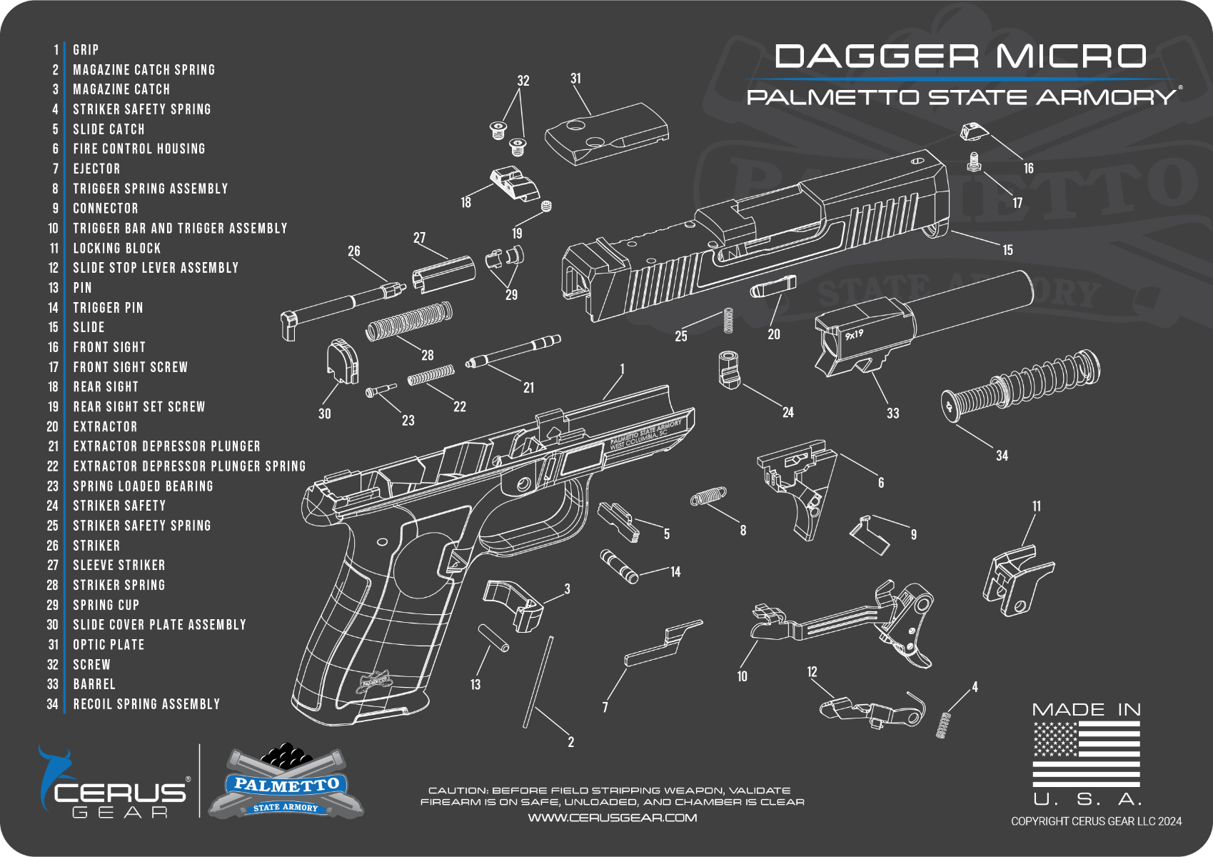 PSA Micro Dagger Handgun Cleaning Mat, 12" x 17"