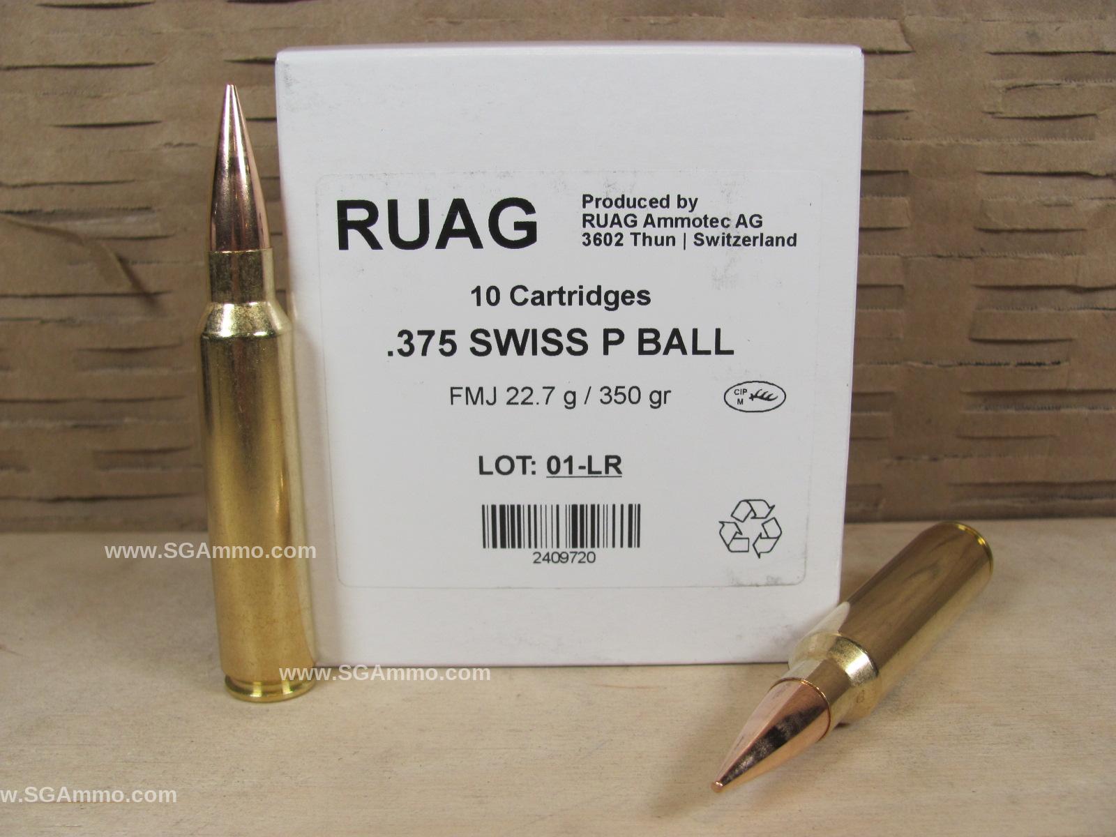 10 Round Box – 375 Swiss P Ball 350 Grain FMJ Ammo By Ruag