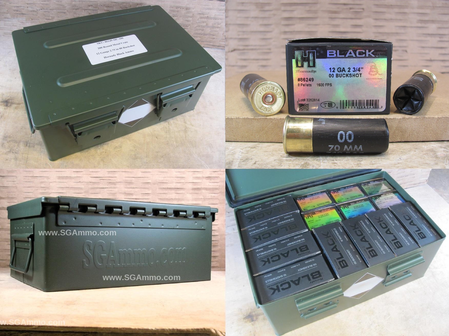 200 Round Metal Crate Canister – 12 Gauge Hornady Black 2-3/4 Inch 00 Buckshot Ammo – 86249