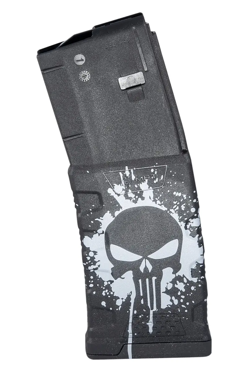 Mission First Tactical EXDPM556PSSWH Extreme Duty 30rd 223 Rem/5.56x45mm Fits AR-15/M4 Black w/White Punisher Skull Splatter Polymer