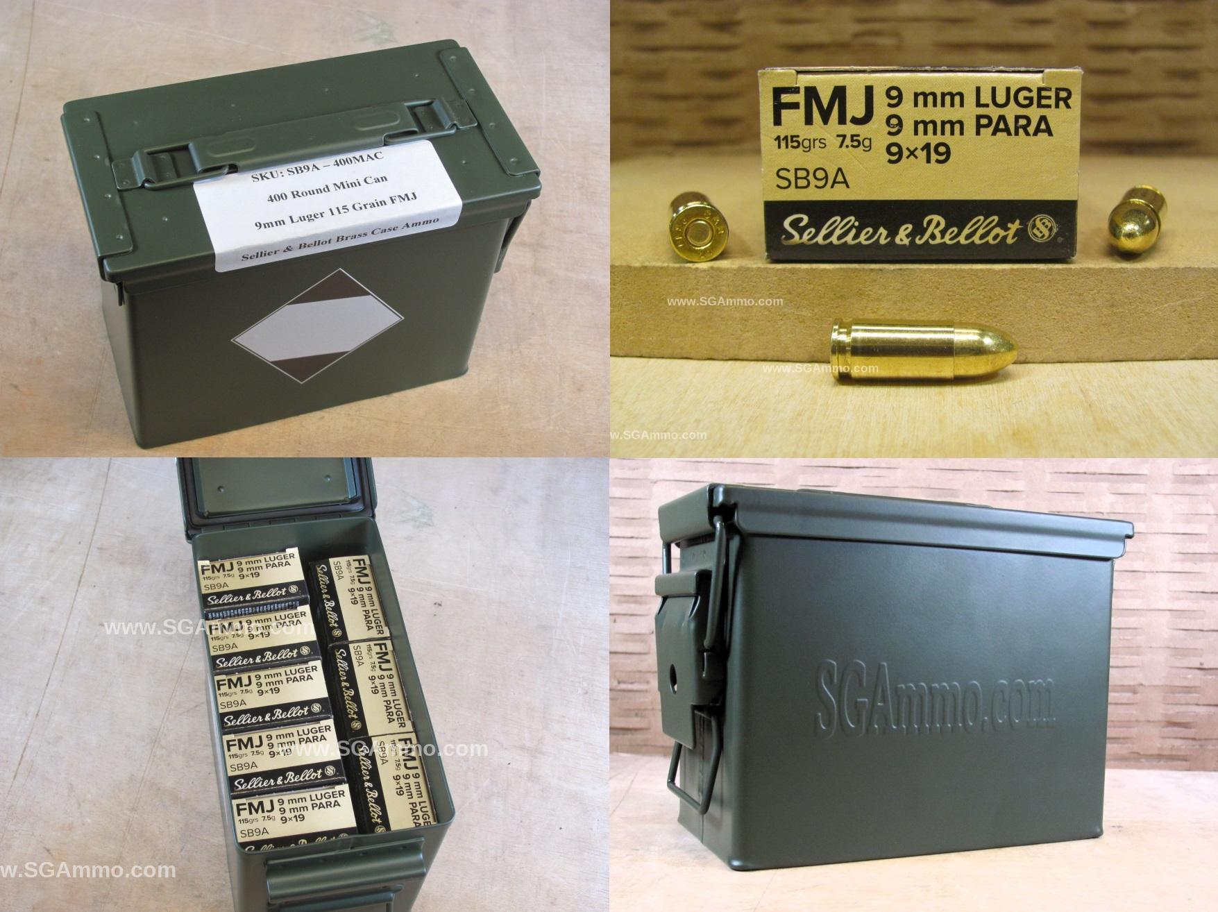 400 Round Can – 9mm Luger Sellier Bellot 115 Grain FMJ Brass Case Ammo – SB9A – Packed in Mini Ammo Canister