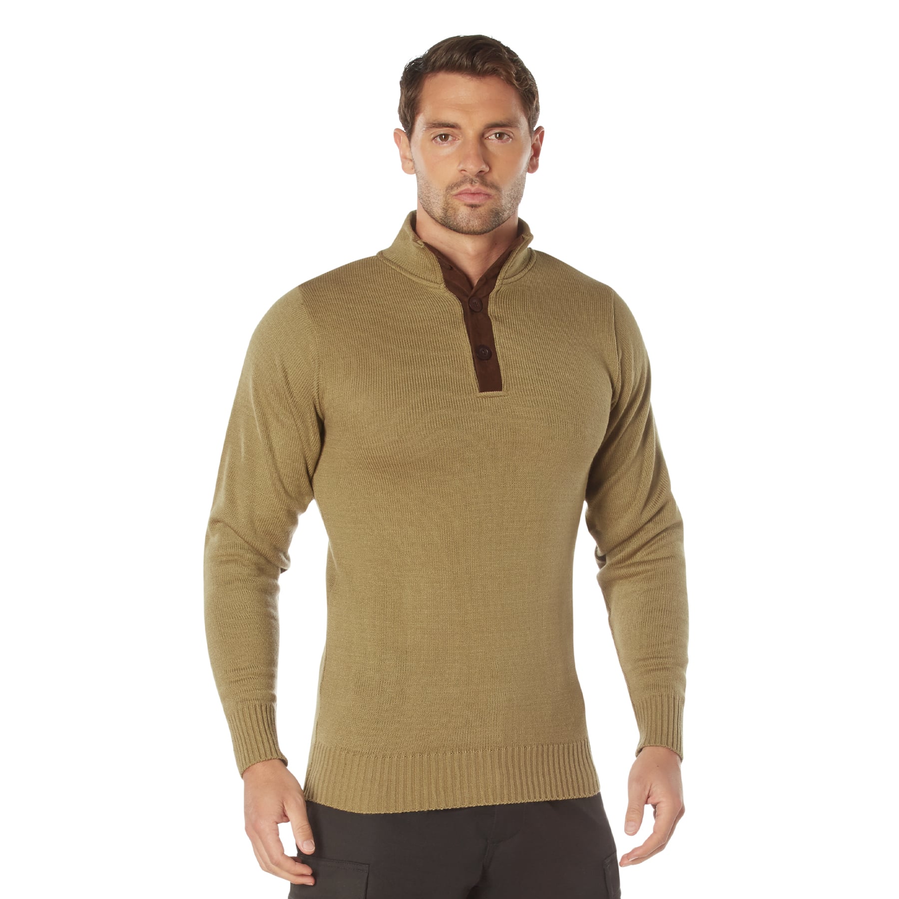 Rothco 3-Button Sweater With Suede Accents - Khaki, 2X-Large