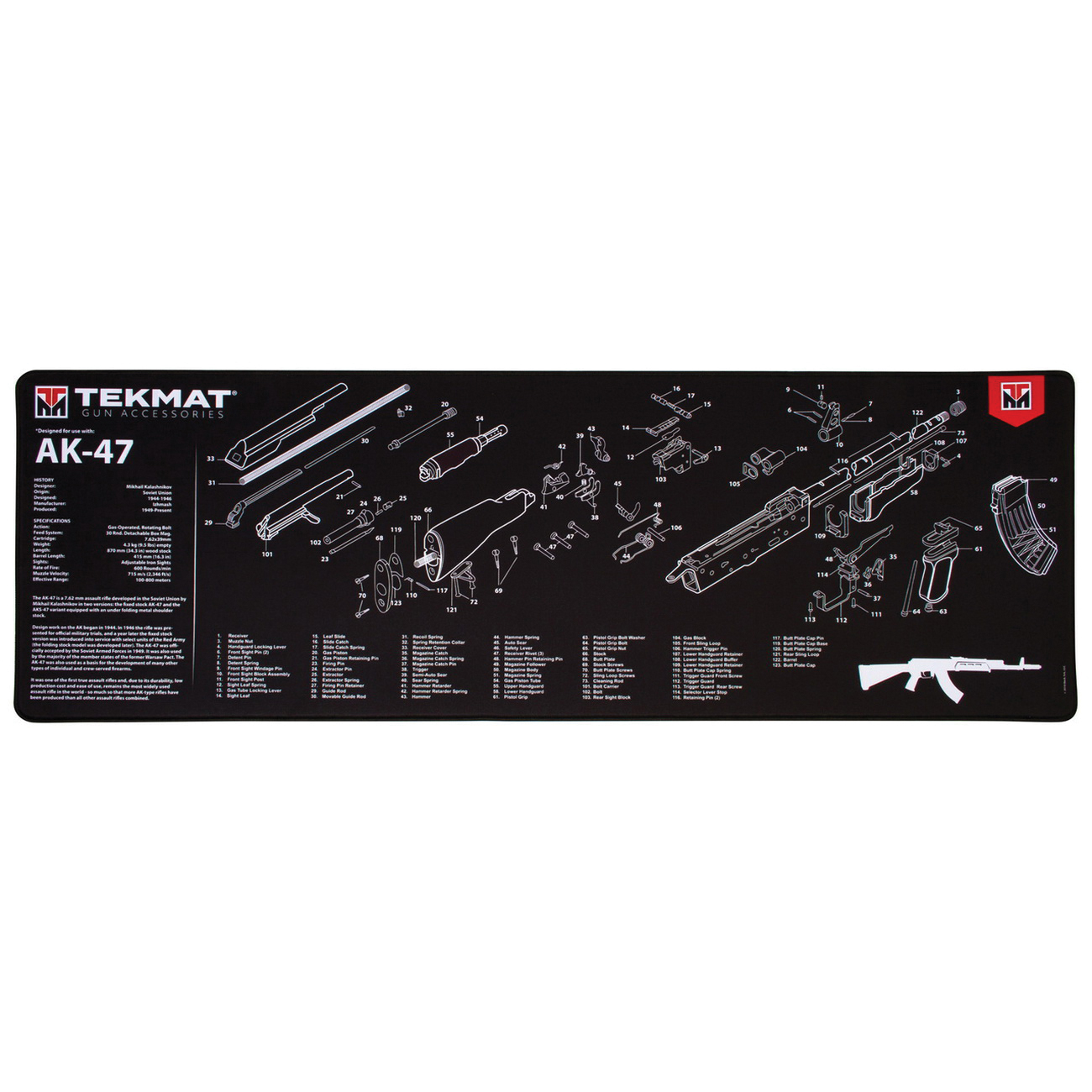 TekMat AK47 Ultra Premium Gun Cleaning Mat, 44" W x 15" Hx 0.25" T, Black/White - R44-AK47