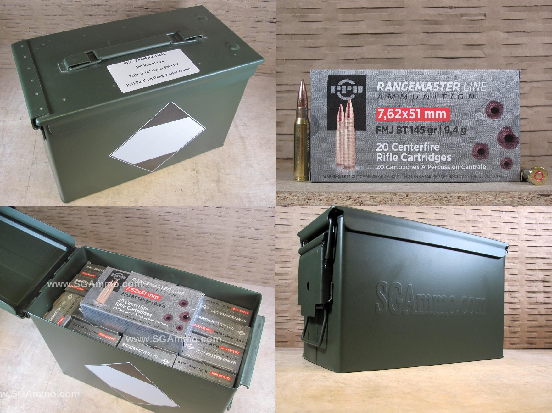 300 Round Can – 7.62x51mm 145 Grain FMJ BT Prvi Partizan Rangemaster Line Ammo – PPRM762 – Packed in M2A1 Canister