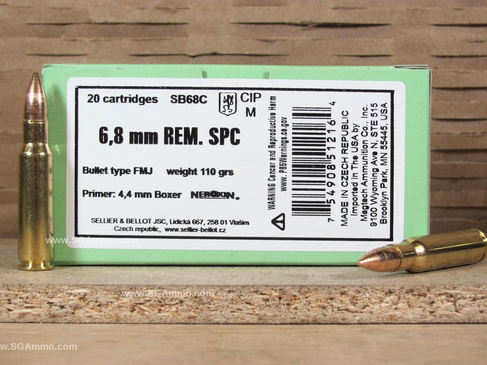 20 Round Box – 6.8 SPC 110 Grain FMJ Sellier Bellot Ammo – SB68C