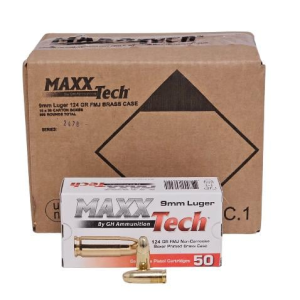 MAXXTech Handgun Ammunition 9mm Luger 124gr FMJ 1126 fps 1000/ct (20-50/ct)