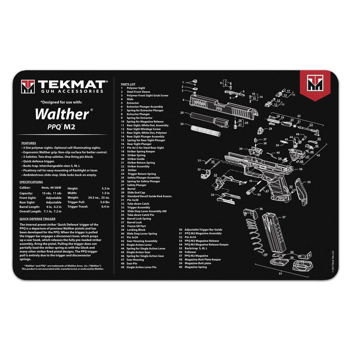 TEKMAT 17" x 11" x 0.13" Cleaning Mat for Walther PPQ Mod2